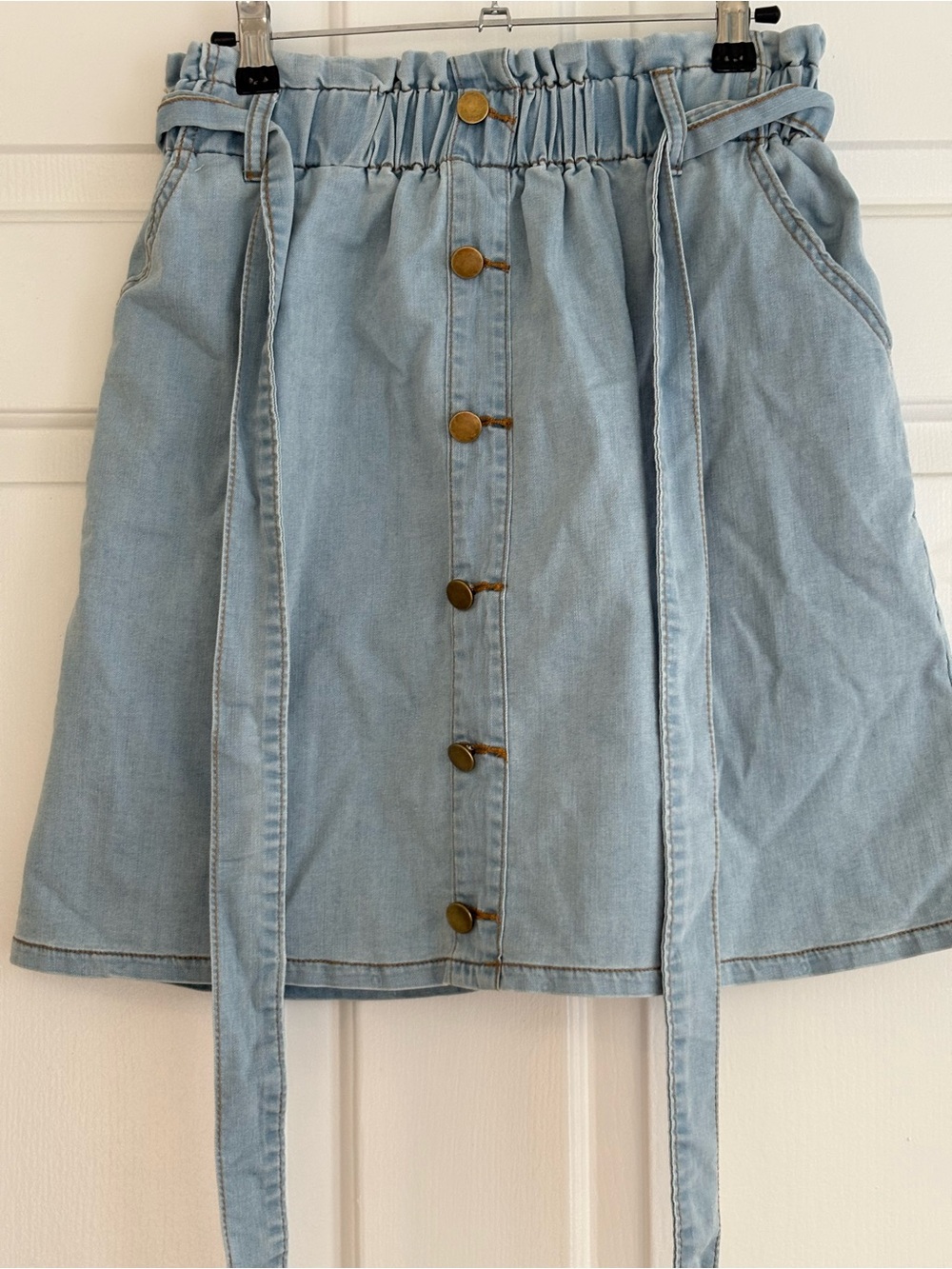 Light Blue Denim Button-Front Paperbag Mini Skirt